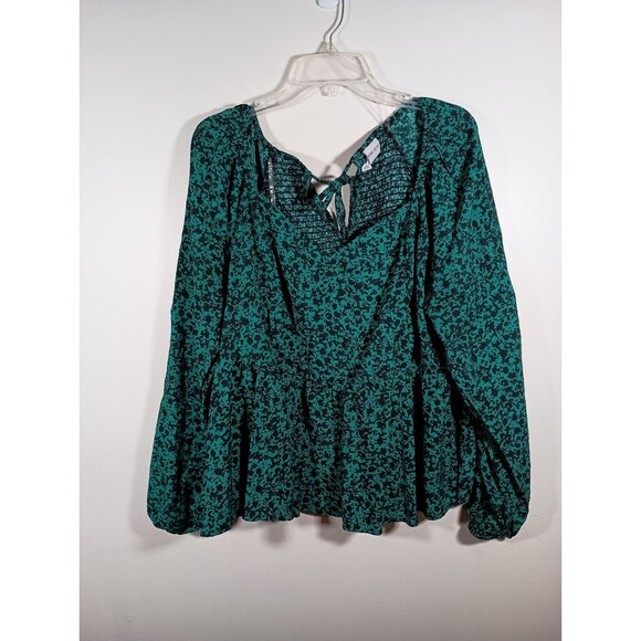 Ava And Viv Blouse Green Black Career Peplum Long Sleeve Smocked Plus Size 1X - Picture 1 of 7